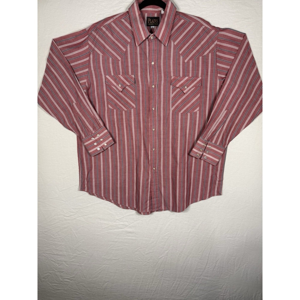 Plains Western Wear XL Red Striped Pearl Snap Shirt Cowboy Rodeo Ranch Mens